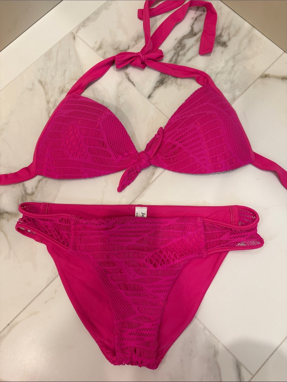 Luli Fama Hot Pink Crochet-Accent Triangle Bikini